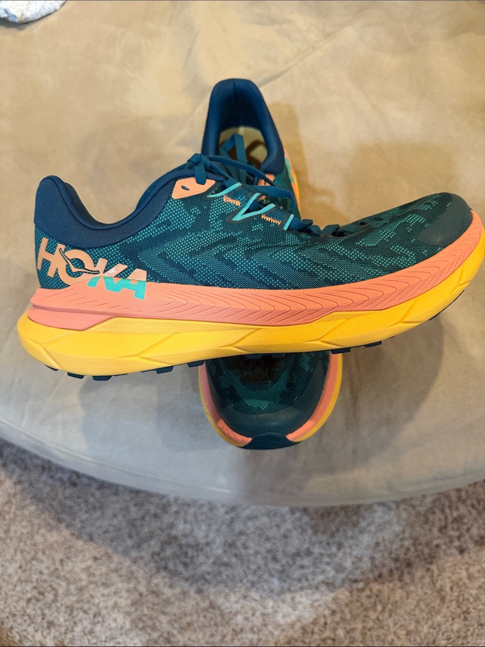 Hoka Teal Running Shoes with Coral and Yellow Accents